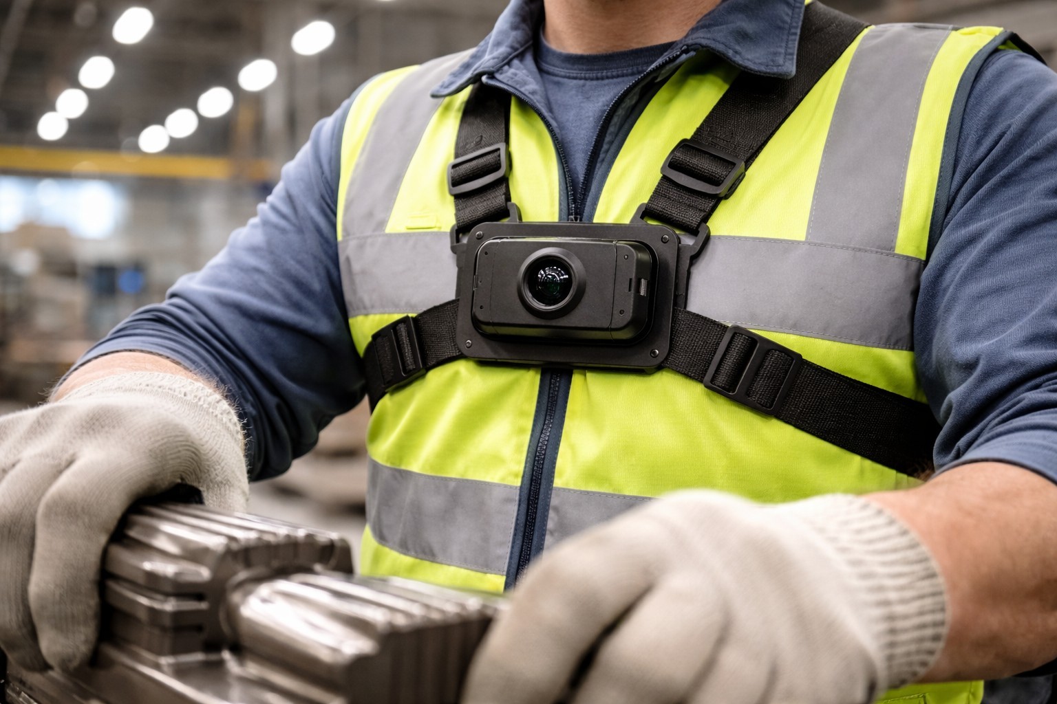 Worker wearing a chest-mounted Watchtower camera